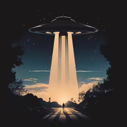 an artwork piece of the movie alien on a blue sky with clouds