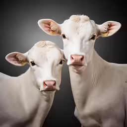 two young white cows standing side by side