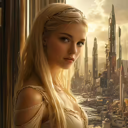 a woman in blonde dress next to tall buildings
