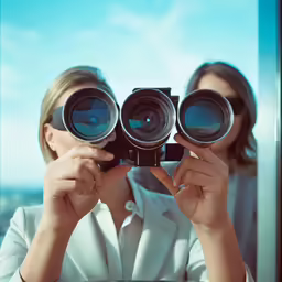 a woman looking through binoculars at another woman