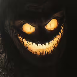 a demonicly lit demonic creature with glowing eyes and fangs