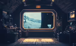 an open room with a window overlooking snowy mountains