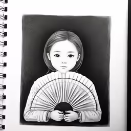 a little girl with long hair wearing a white chinese fan