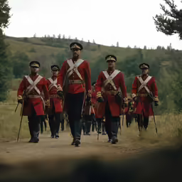 the men are walking down the path wearing uniforms
