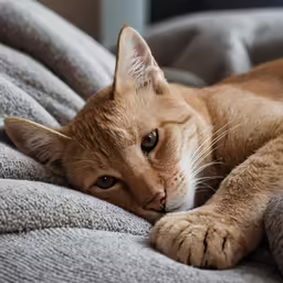 orange cat laying down on the bed in the sunlight