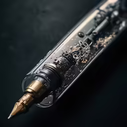 the black fountain pen is open with some gold things inside