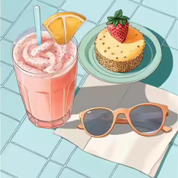 there is a fruit and beverage in front of some sunglasses