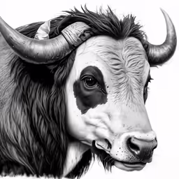 a bull with horns that is standing in the snow