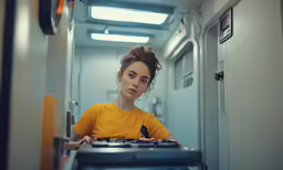 a woman is sitting inside an elevator looking very serious