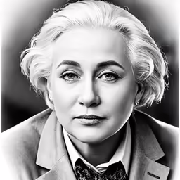 a black and white photo of lady in an elegant suit