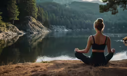 woman sitting on a hill looking out over a lake with two tigers