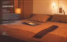 a bed with pillows and a book lying on the edge