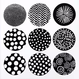 several black and white artwork of abstract designs,a large black and white art print with six different designs