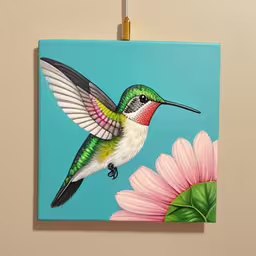 colorful hummingbird painting on a turquoise wall,colorful painting on blue with small flower and humming bird,a painting of a hummingbird and flower in front of a wall,an art piece depicting a colorful hummingbird,a painting of a hummingbird with its wings outstretched