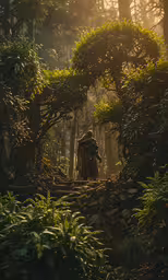 a dark wood scene with a person standing in the middle