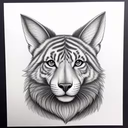 a drawing of a tiger is in the frame,a drawing of a tiger face with the eyes wide open