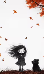 a girl and a dog standing near a tree