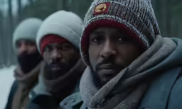 three men stand in the snow in beanies and scarves