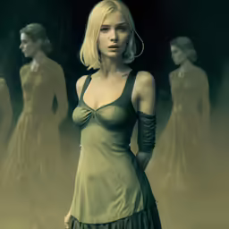 a picture of a woman standing in front of a group of mannequins