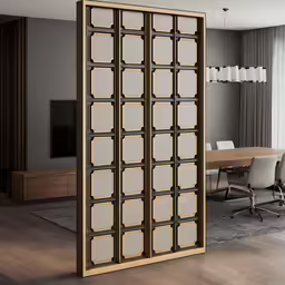 a dining table and chairs with a sliding door to another room