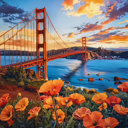 some orange flowers some water and a bridge