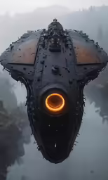 a spaceship with glowing light inside it flying above water
