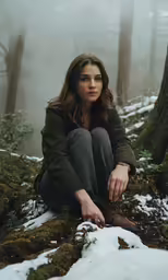 a woman squatting down in the woods with snow and trees