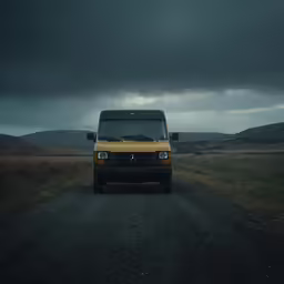 yellow vehicle sitting on a road in the middle of nowhere