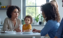 a woman holding a white cup standing near two children at a table