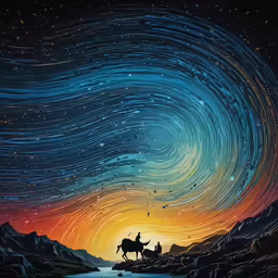 stars are all over the sky and some people on horses
