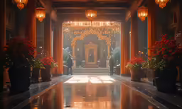 a large hallway with a statue inside of it