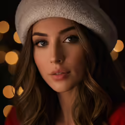 an attractive woman wearing a hat is looking into the camera