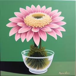 a painting with flowers is pictured on the wall,a painting of a flower in a glass bowl