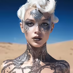 a woman with tattoos and black makeup in the desert