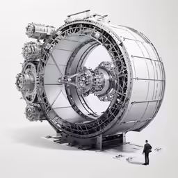 an illustration of a man standing in front of a very large machine
