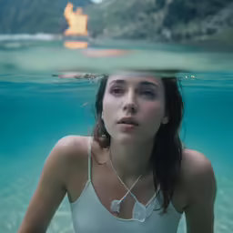a woman in a bikini with her head submerged under water