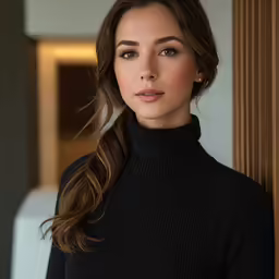 an attractive young woman leaning against a wall