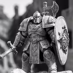 a statue of a knight standing on top of a rock