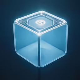 a illuminated dice sitting on top of a glass block