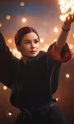 a woman holding fireball with a black dress