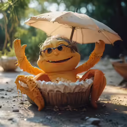 a statue of an orange crab holding an umbrella