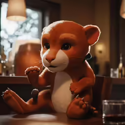a stuffed animal sits next to a glass
