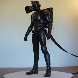 a plastic robot with a sword in a room