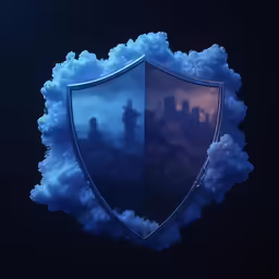 a shield with a city in the background and clouds in the foreground