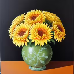 there is a picture of a vase with yellow flowers in it,a green vase filled with lots of yellow sunflowers