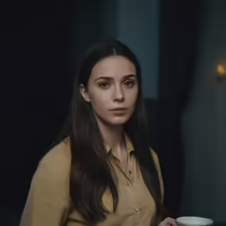 a woman is holding a coffee mug