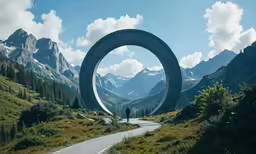 a man walking on the road near mountains