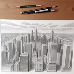 two colored pencils on wood table next to an drawing of city,pencil drawing of cityscape and skyline