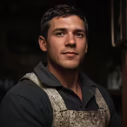 a man is wearing an apron and looking into the camera