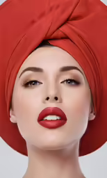a woman wearing a red headwrash and wearing a white bra